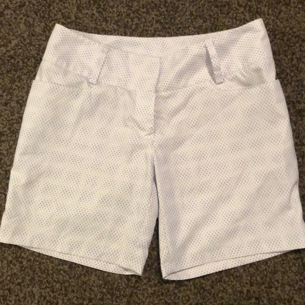 White with purple polka dot Adidas shorts